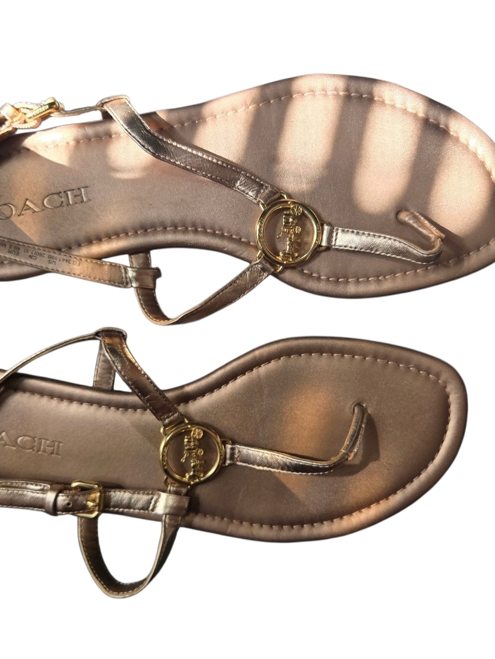 Coach Rose Gold Metallic Leather T-Strap Sandals Size 10